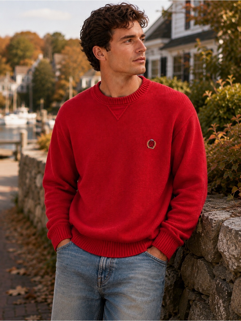 Tommy Hilfiger Mens Red 100% Cotton Crewneck Crest Sweater Large - Picture 1 of 9
